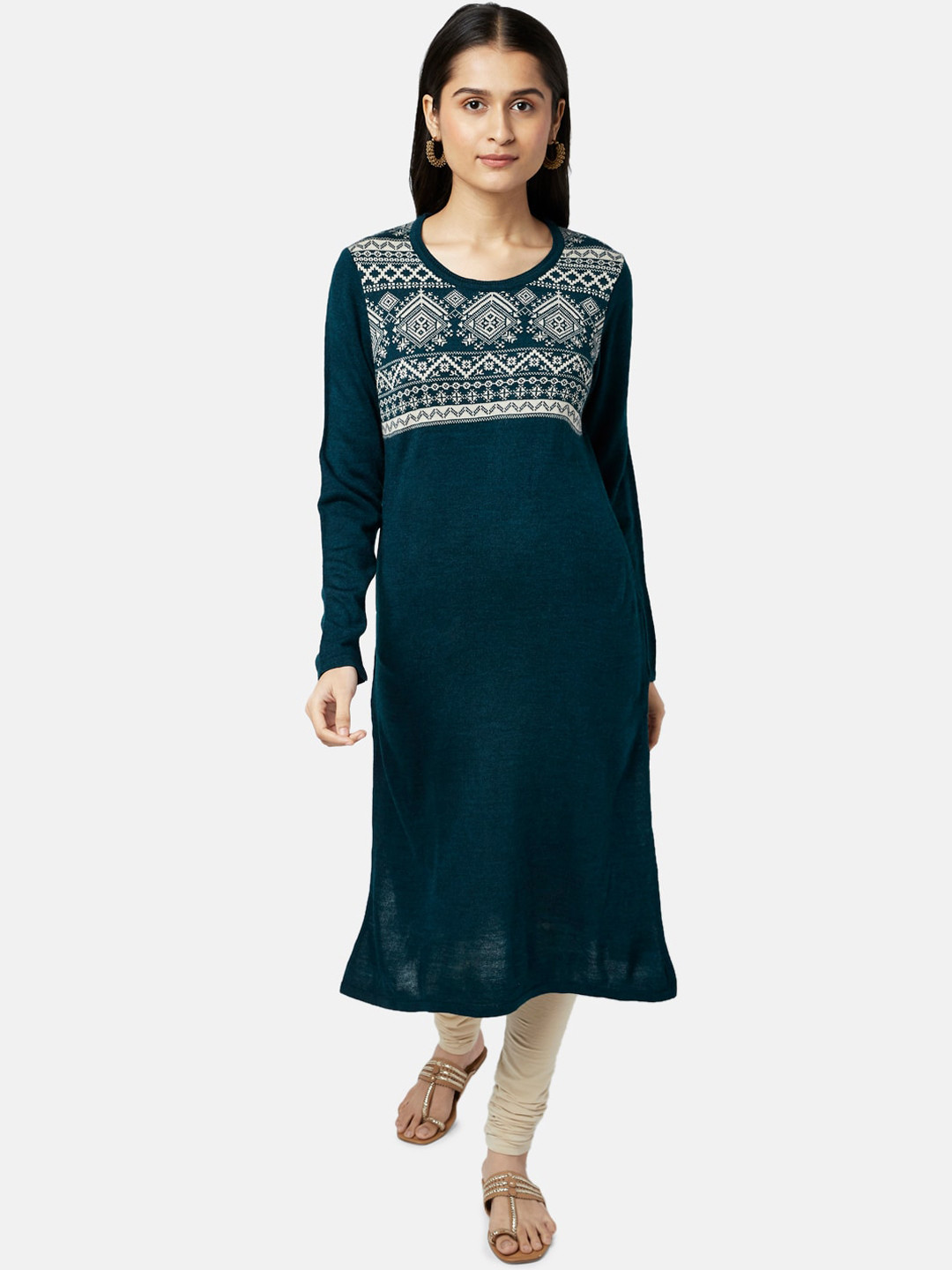 

RANGMANCH BY PANTALOONS Women Green Solid Yoke Design Straight Fit Kurta