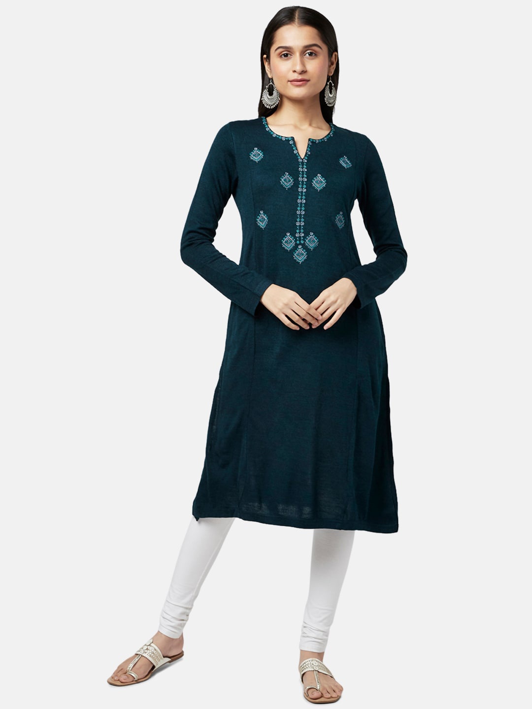 

RANGMANCH BY PANTALOONS Women Teal Solid Yoke Design Straight Fit Kurta