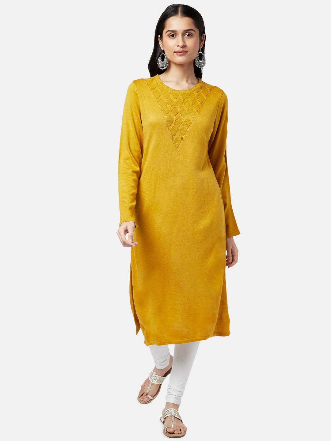 

RANGMANCH BY PANTALOONS Women Mustard Yellow Solid Woven Design Straight Fit Kurta