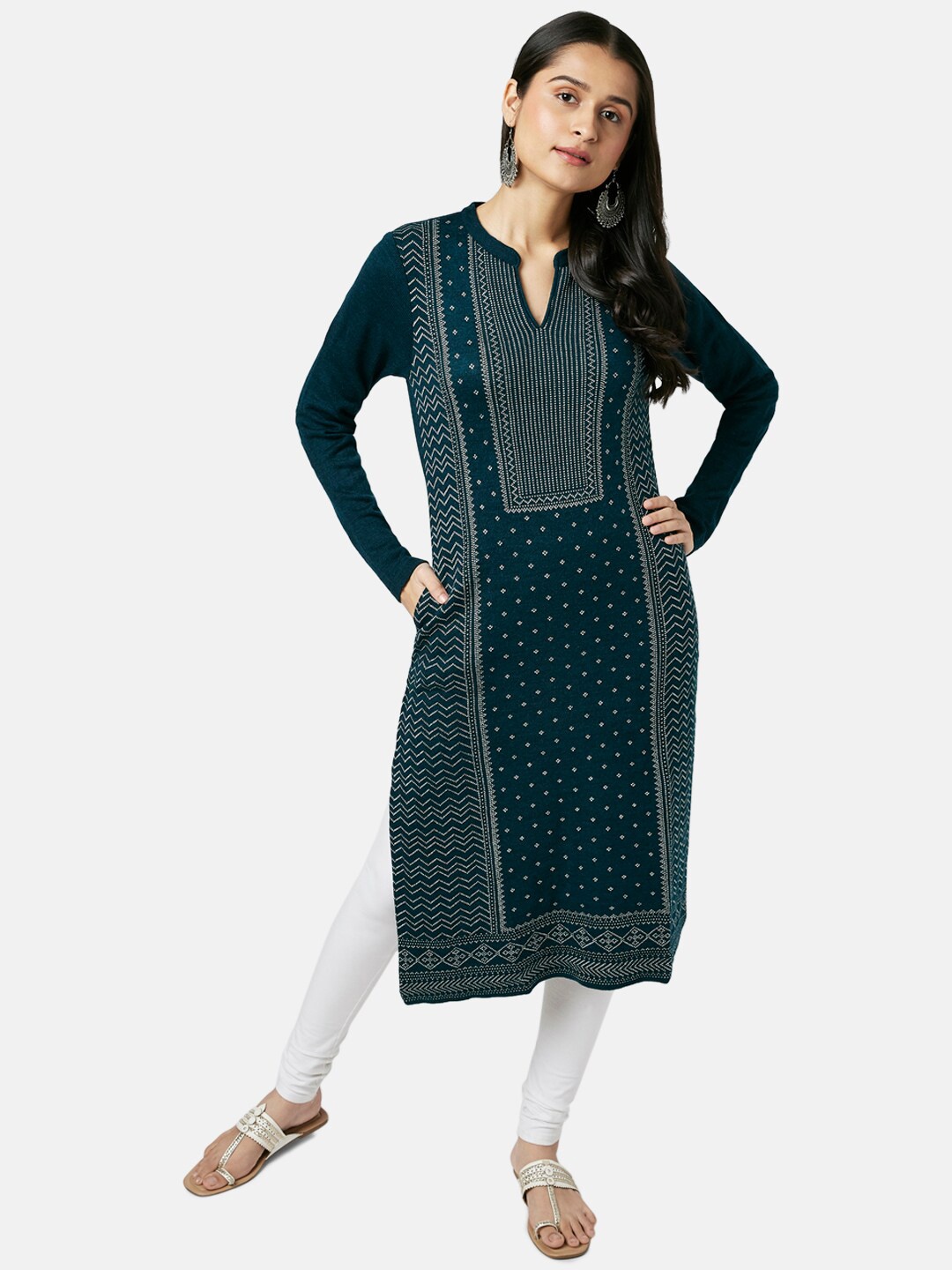 

RANGMANCH BY PANTALOONS Women Teal Geometric Woven Design Straight Fit Kurta