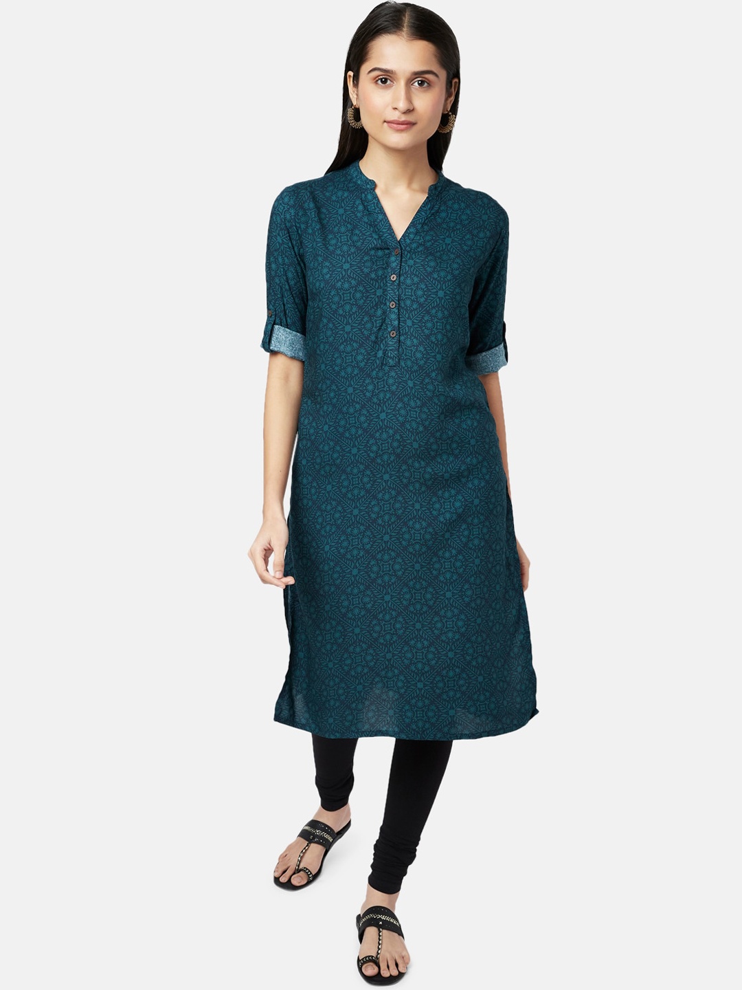 

RANGMANCH BY PANTALOONS Women Teal Floral Printed Pathani Kurta
