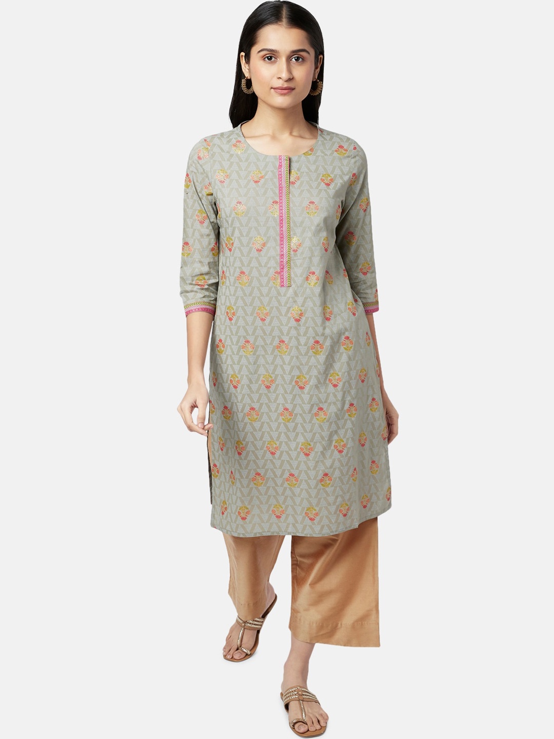 

RANGMANCH BY PANTALOONS Women Beige Ethnic Motifs Printed Thread Work Kurta