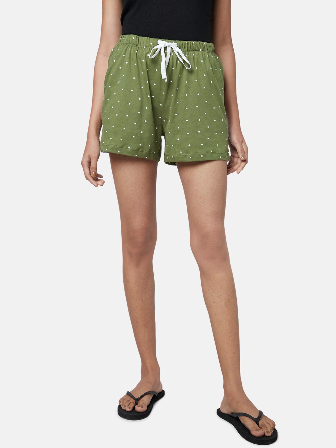 

Dreamz by Pantaloons Women Green & White Polka Dot Printed Lounge Shorts