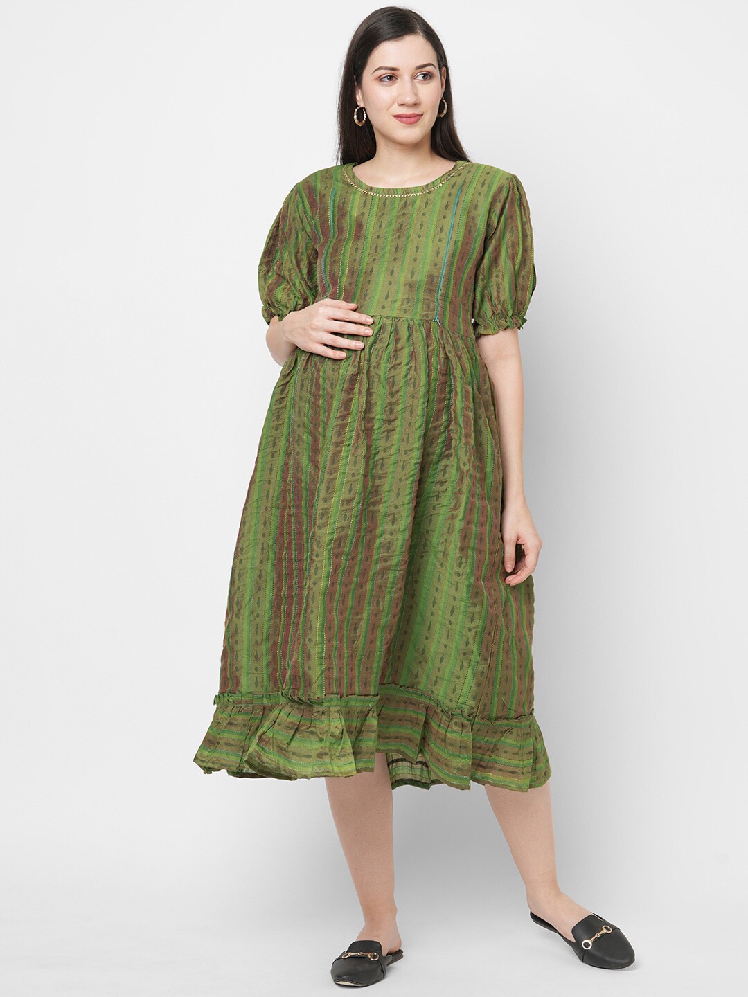 

Ayukti Women Olive Green Ethnic Printed Maternity A-Line Midi Dress