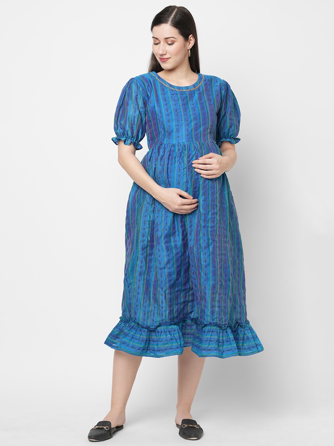 

Ayukti Women Blue Ethnic Printed Maternity A-Line Midi Dress