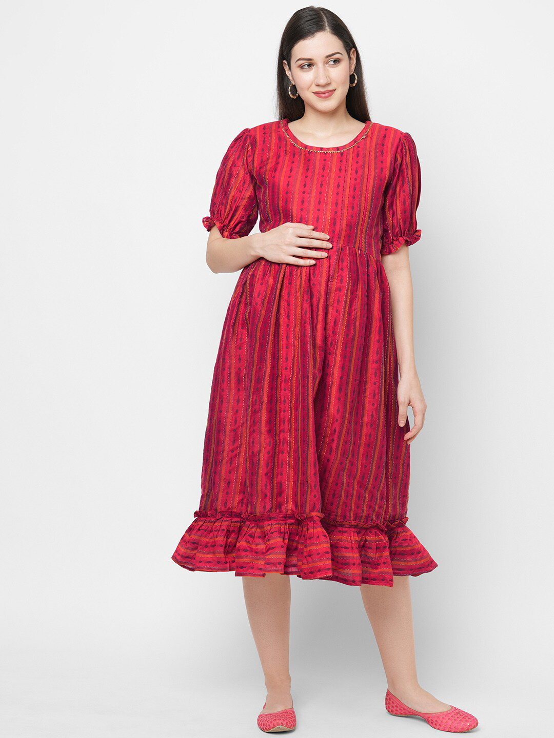 

Ayukti Women Red Ethnic Printed Maternity Midi Dress