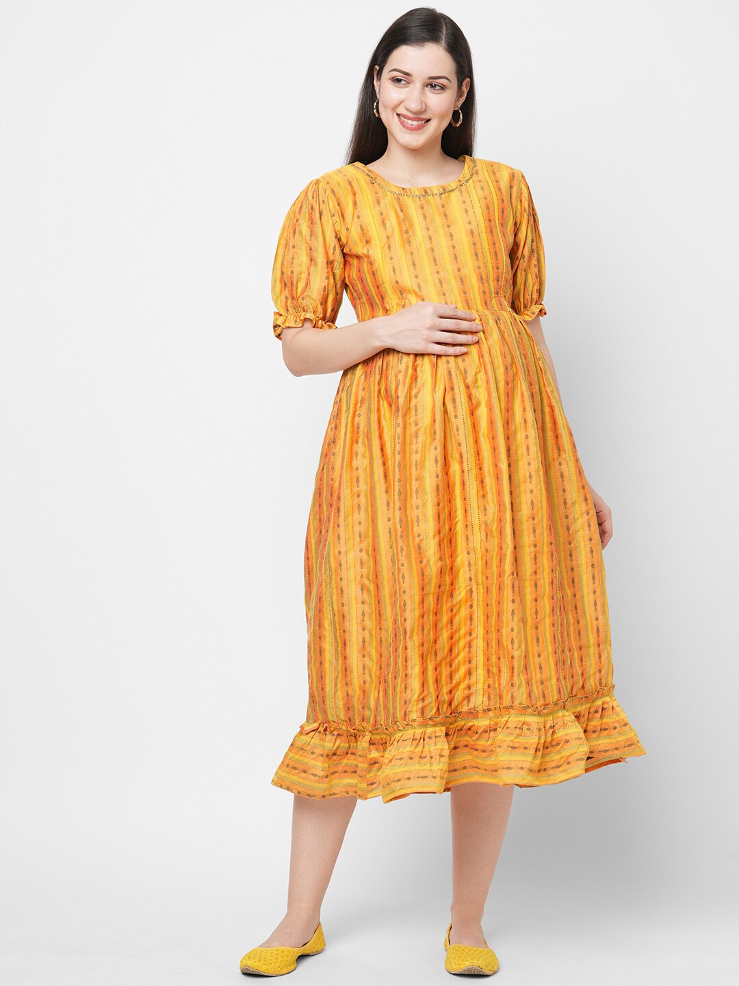 

Ayukti Women Yellow Ethnic Printed Maternity Midi Dress