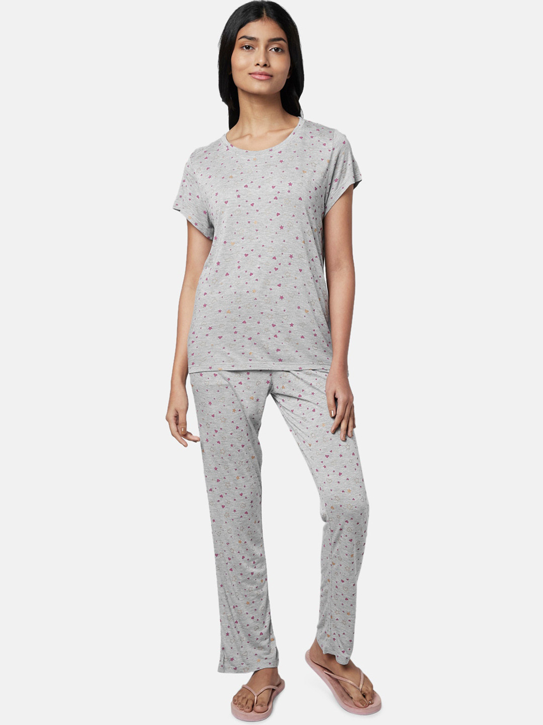 

Dreamz by Pantaloons Women Grey & Pink Printed Cotton Night suit