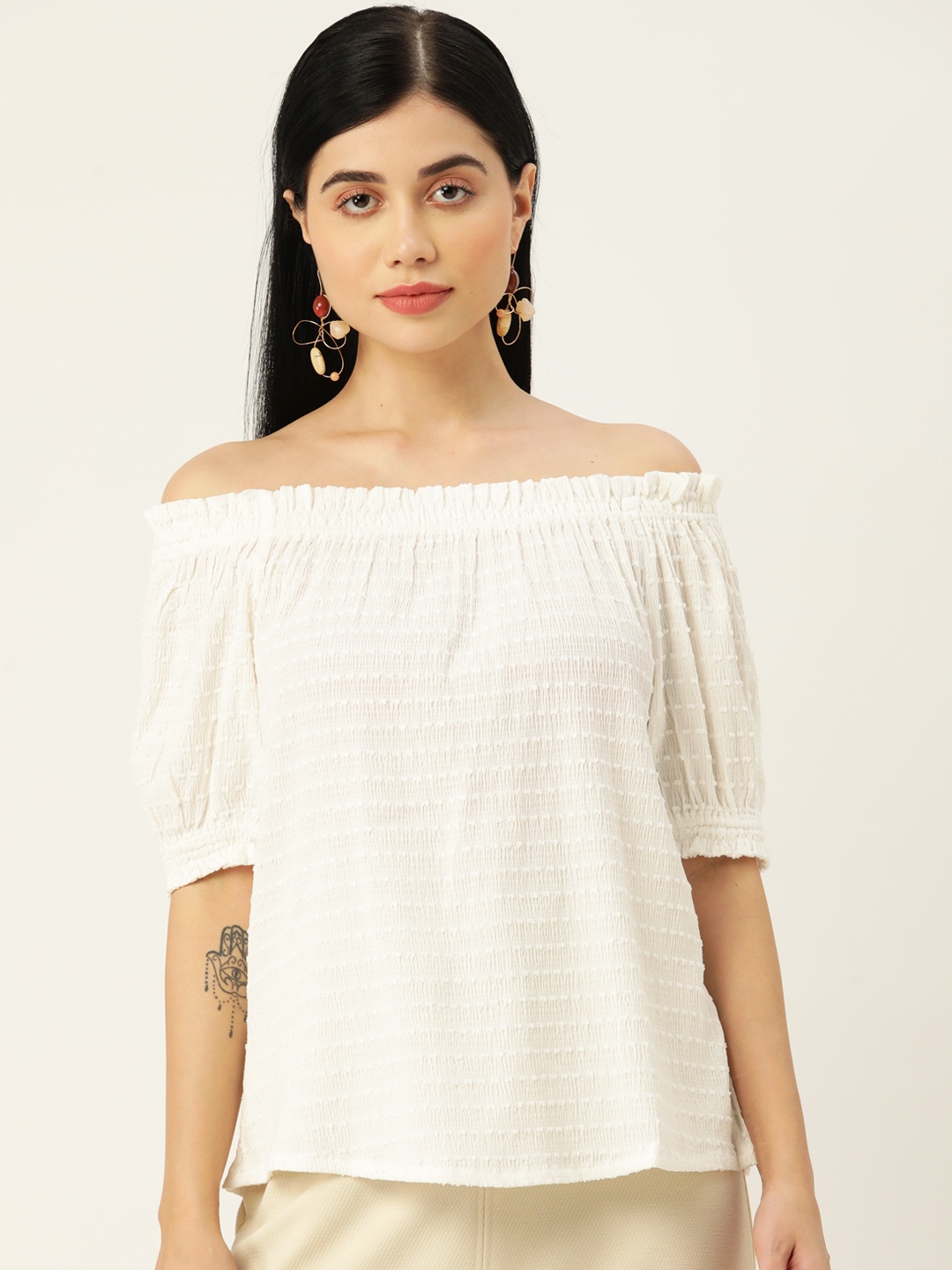 

Koton Women White Self-Design Dobby Weave Off-Shoulder Top