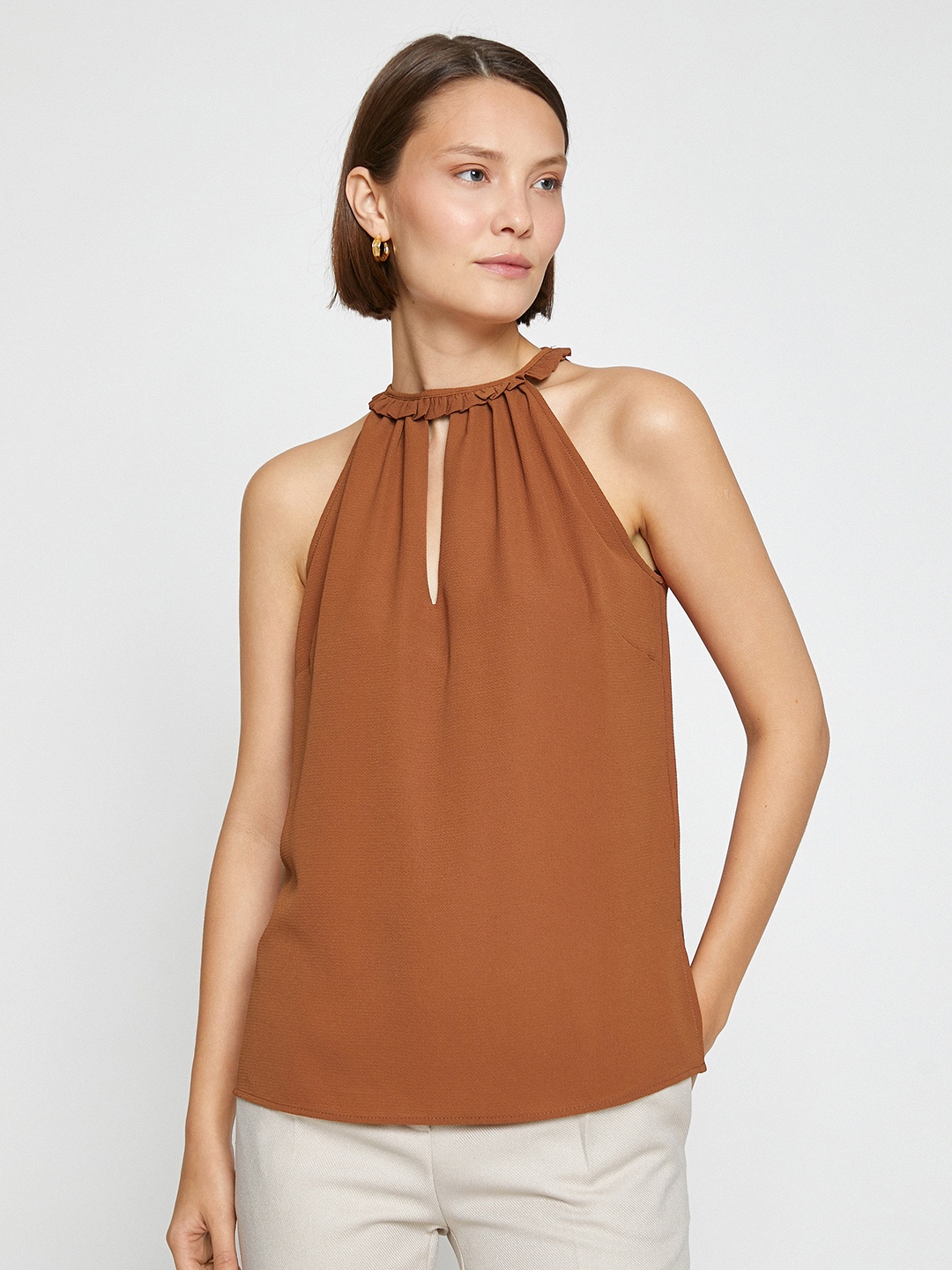 

Koton Brown Solid Mandarin Collar Ruffle Detail Top