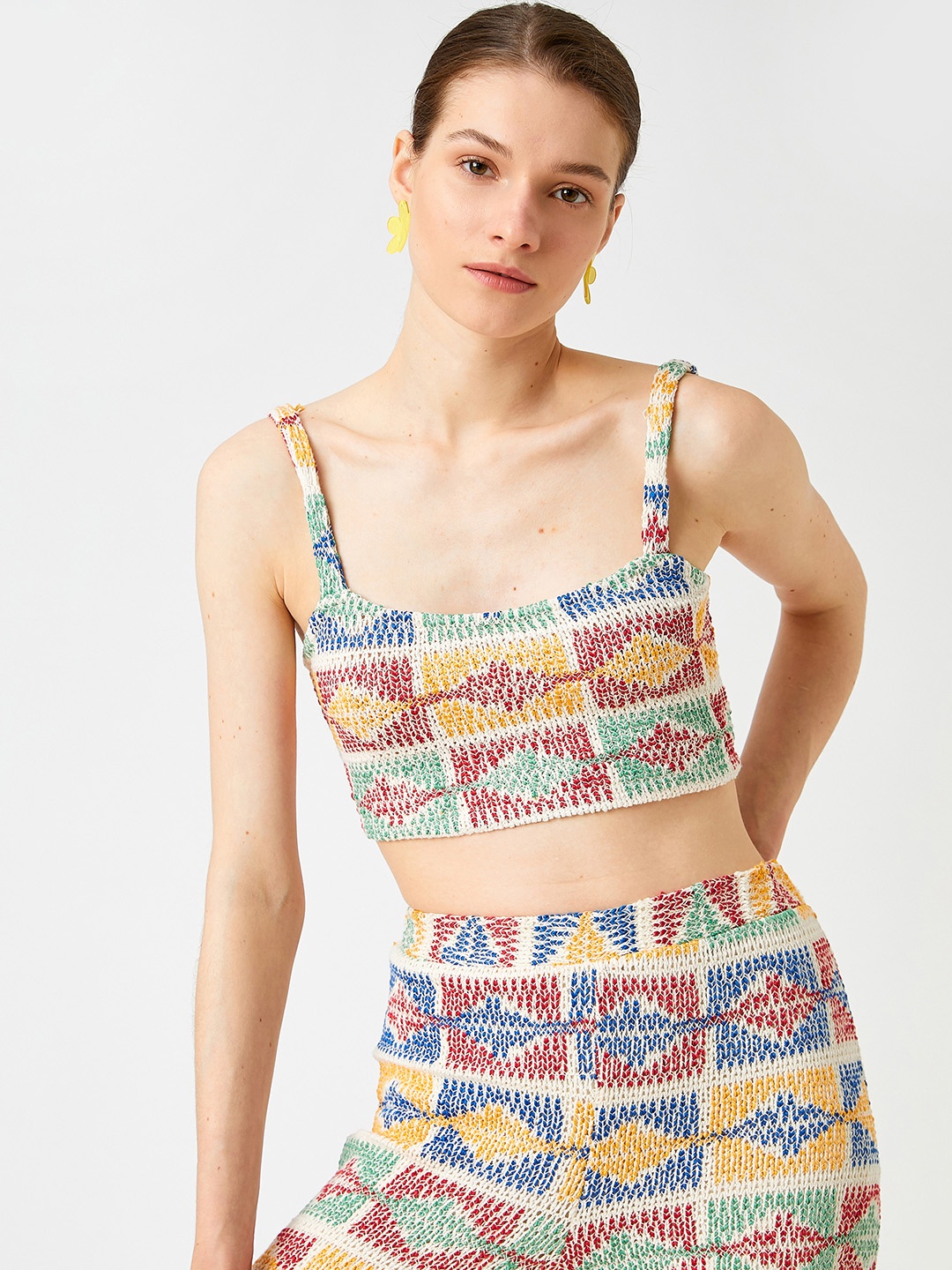

Koton Multicoloured Printed Smocked Bralette Crop Top, Multi