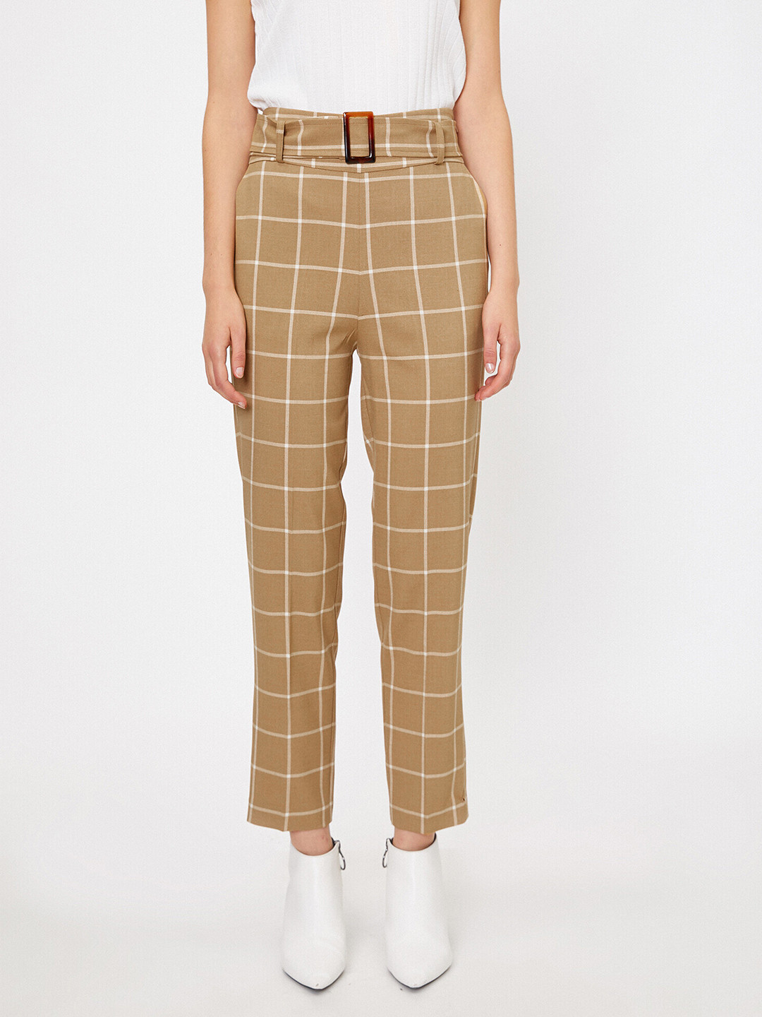 

Koton Women Mustard Brown & White Checked Trousers