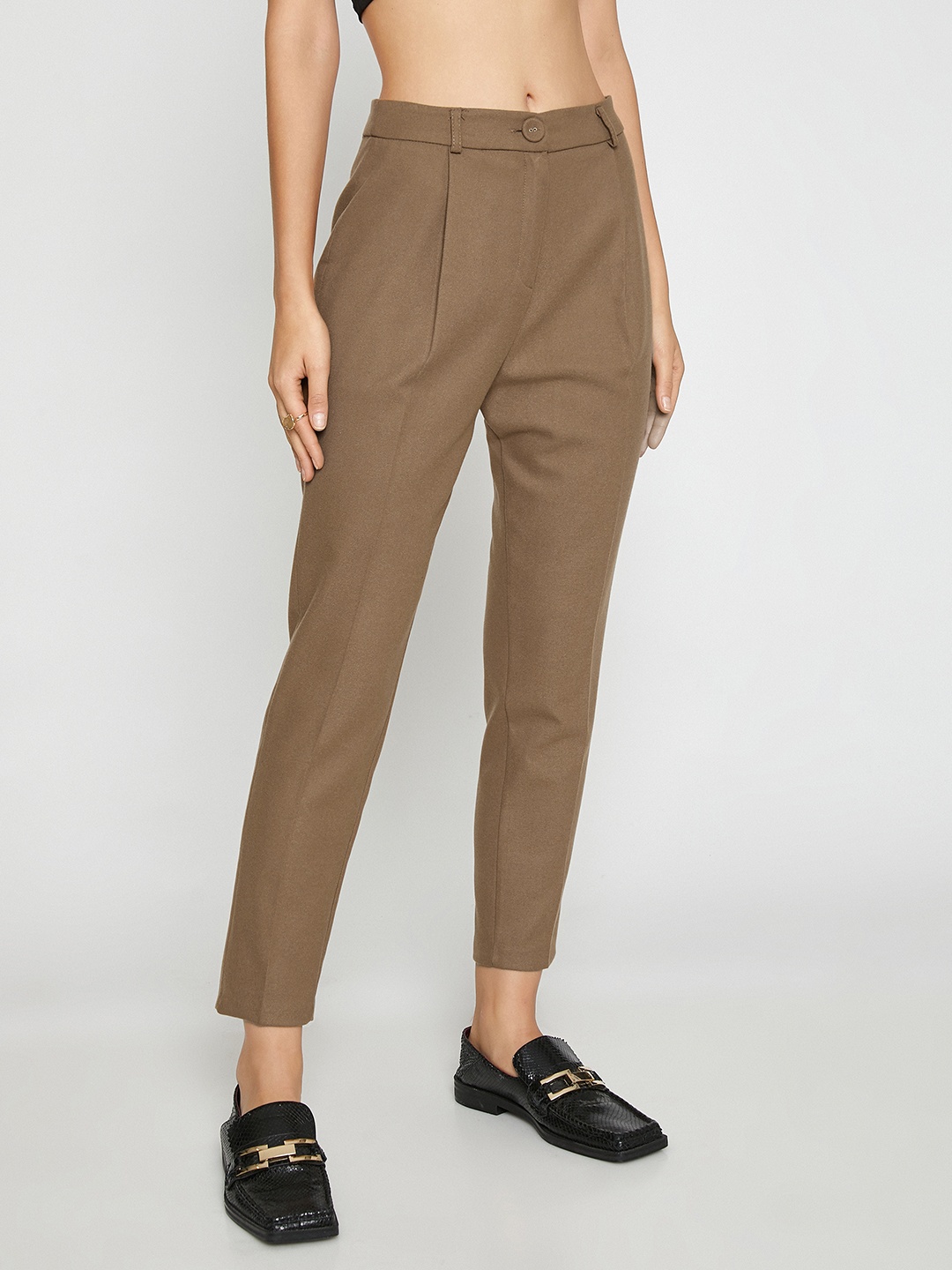 

Koton Women Brown Solid Pleated Trousers