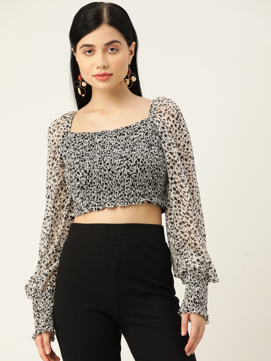 

Koton Women Off-white & Black Floral Print Puff Sleeves Smocked Crop Top