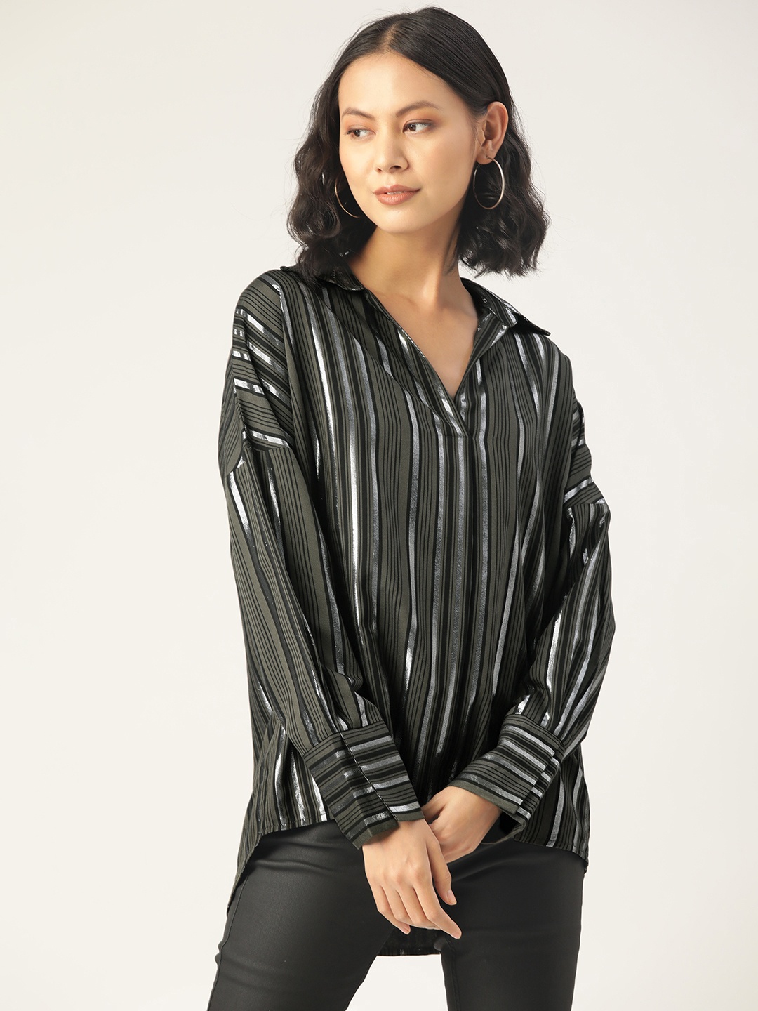 

Koton Grey & Black Striped Drop-Shoulder Sleeves Shirt Style Top