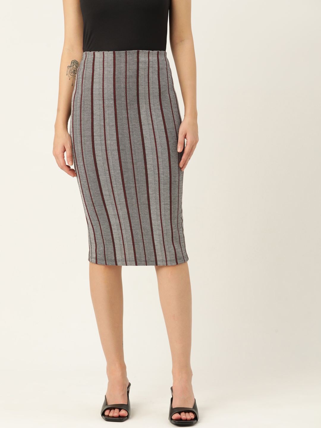 

Koton Women White & Maroon Striped Midi Pencil Skirt