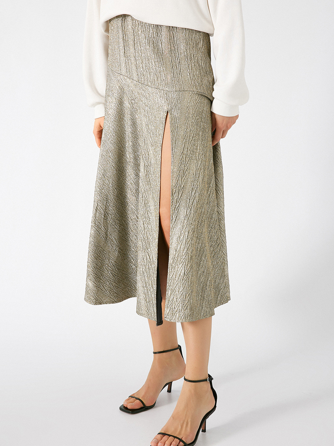 

Koton Women Golden & Silver Shimmer High-Slit Flared Midi Skirt, Gold