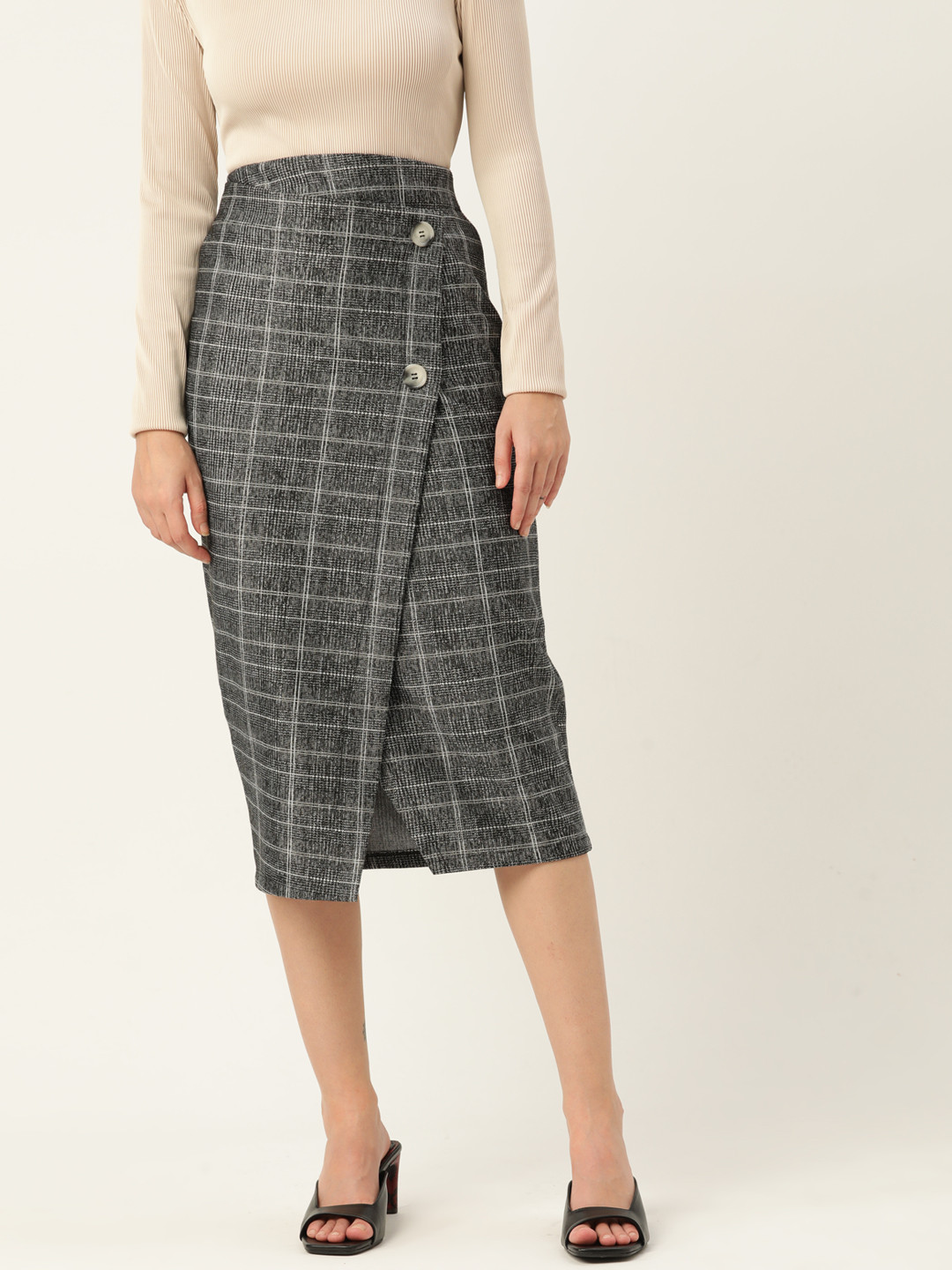 

Koton Women Black & White Checked Wrap Midi Skirt