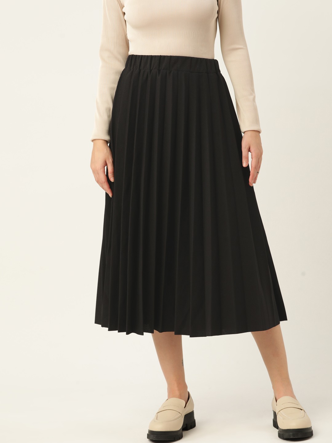 

Koton Women Black Solid Accordion Pleated Flared Midi Skirt
