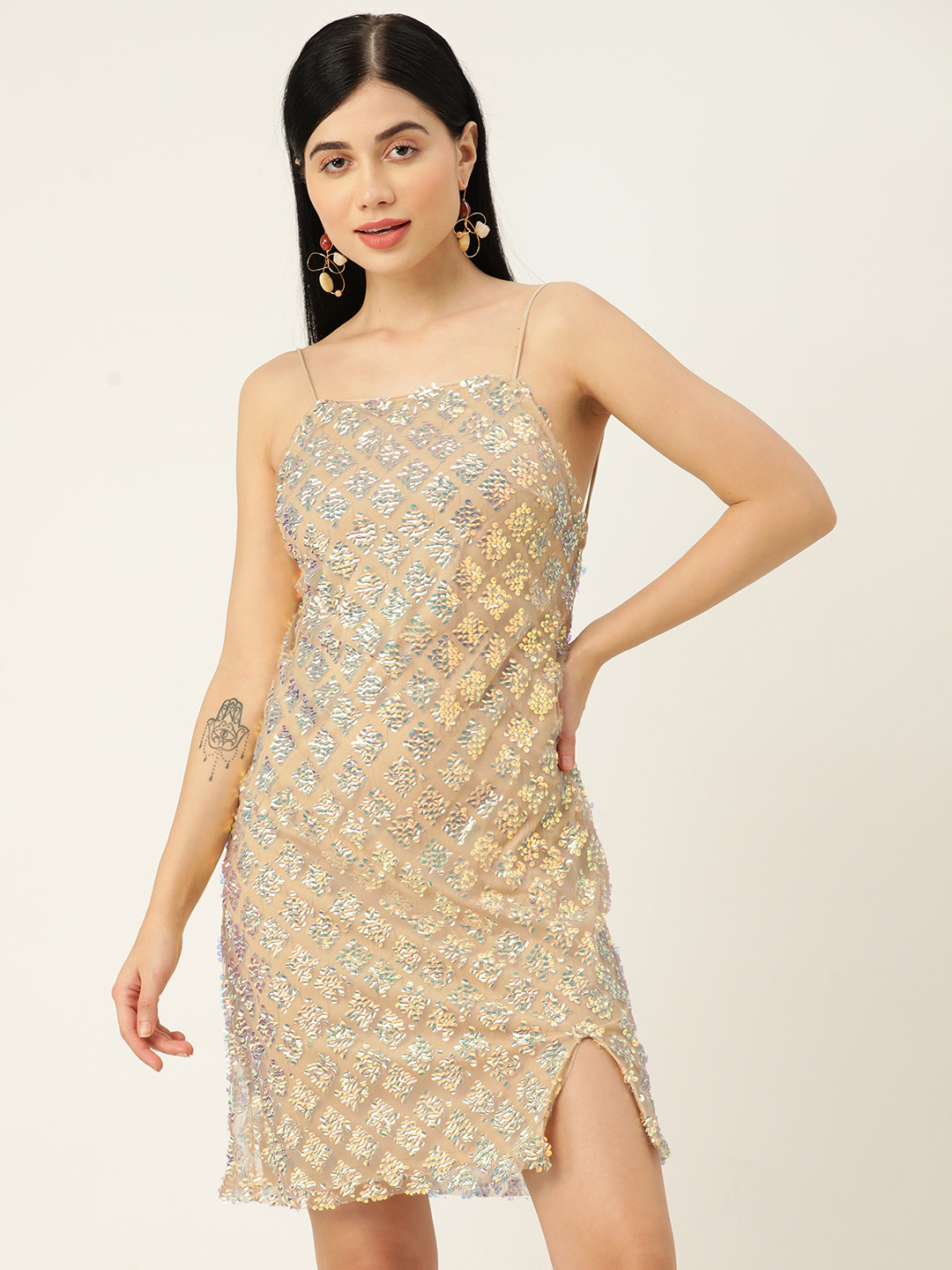 

Koton Women Beige Embellished Sheath Shoulder Straps Mini Dress
