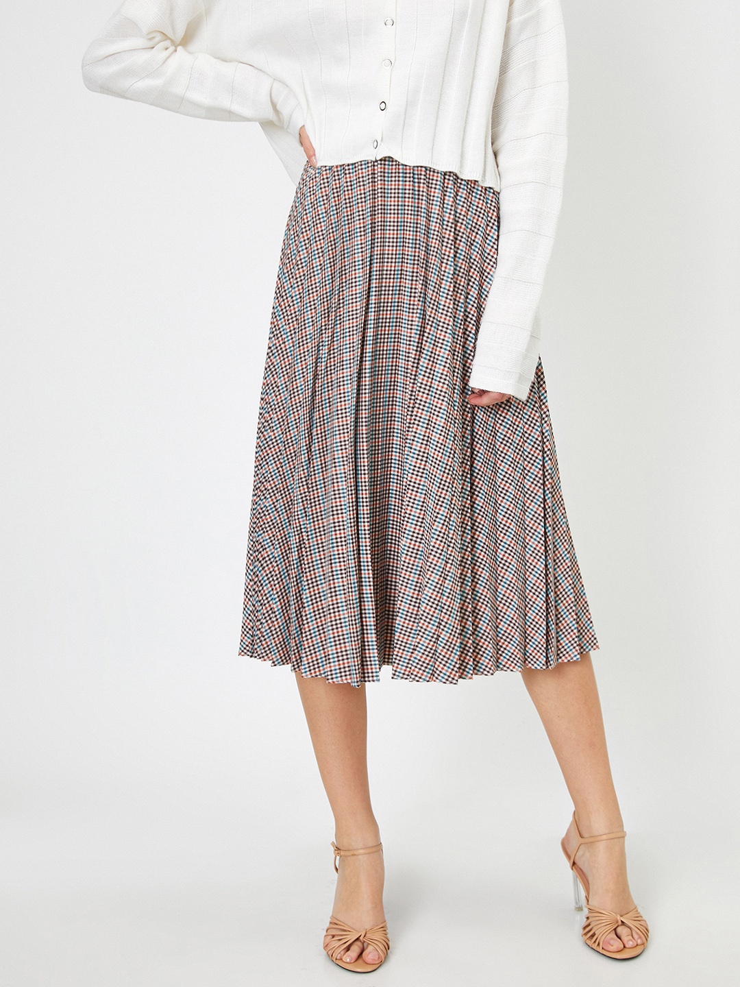 

Koton Women Beige & Brown Checked Pleated Flared Skirt