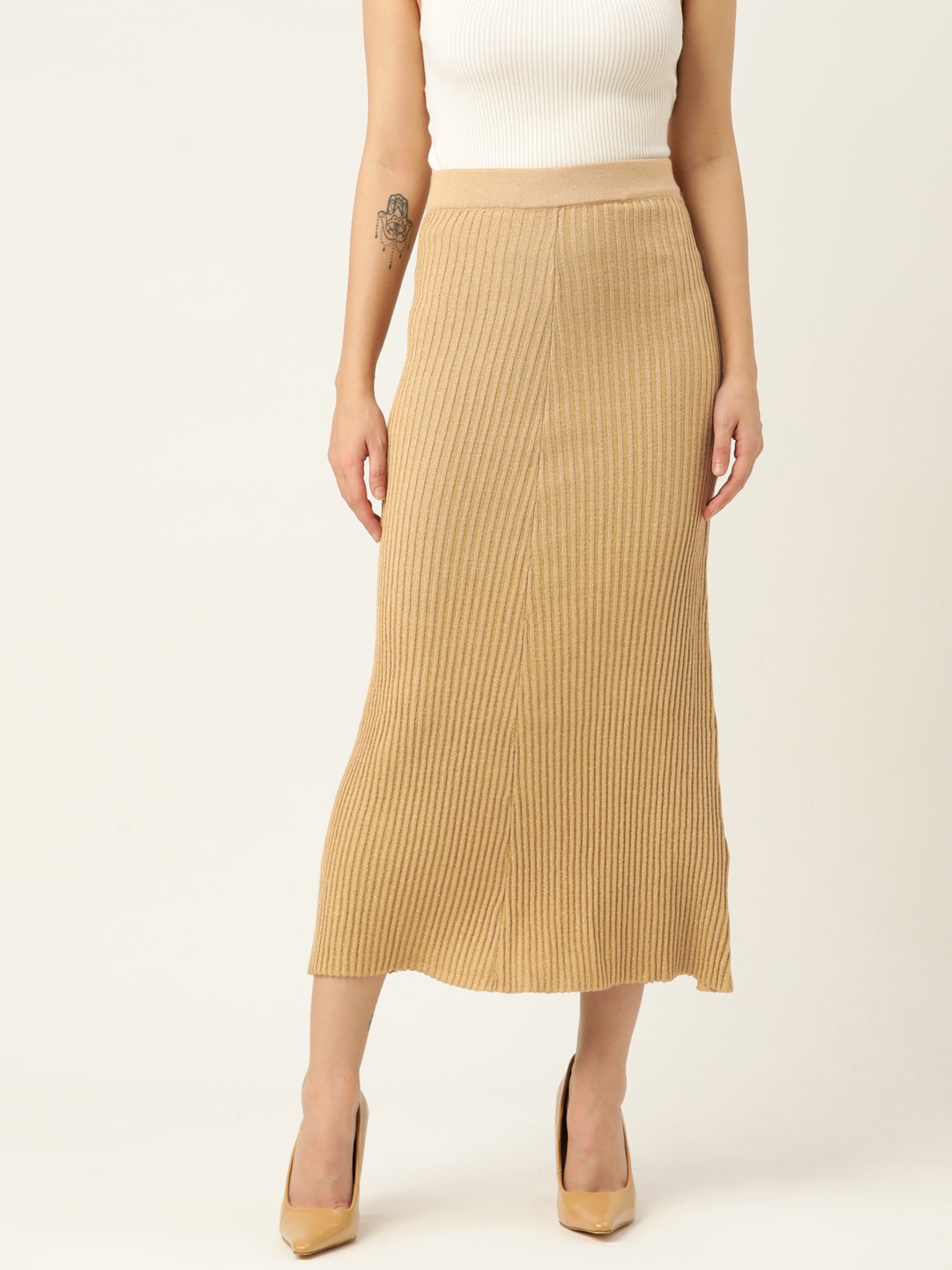 

Koton Women Beige & Golden Ribbed A-Line Midi Skirt