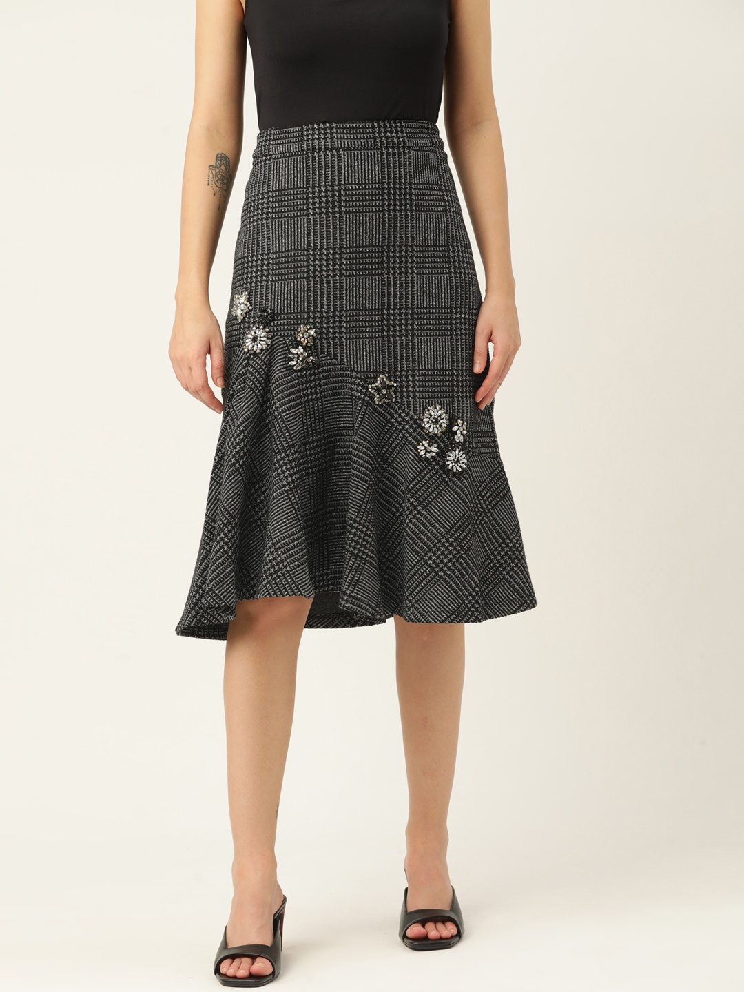 

Koton Women Black & Grey Geometric Design Embellished Detail Flared Midi Skirt