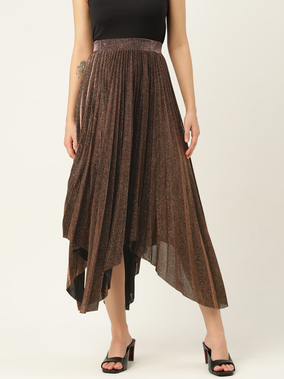 

Koton Women Coffee Brown Solid Shimmer Accordion Pleated Flared Midi Skirt