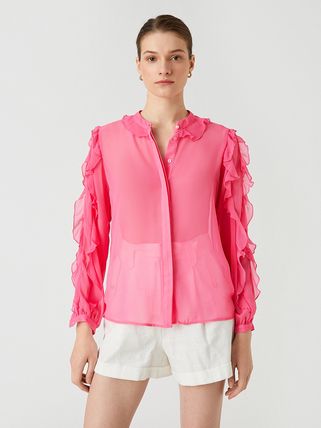 

Koton Women Pink Solid Ruffle Sheer Casual Shirt