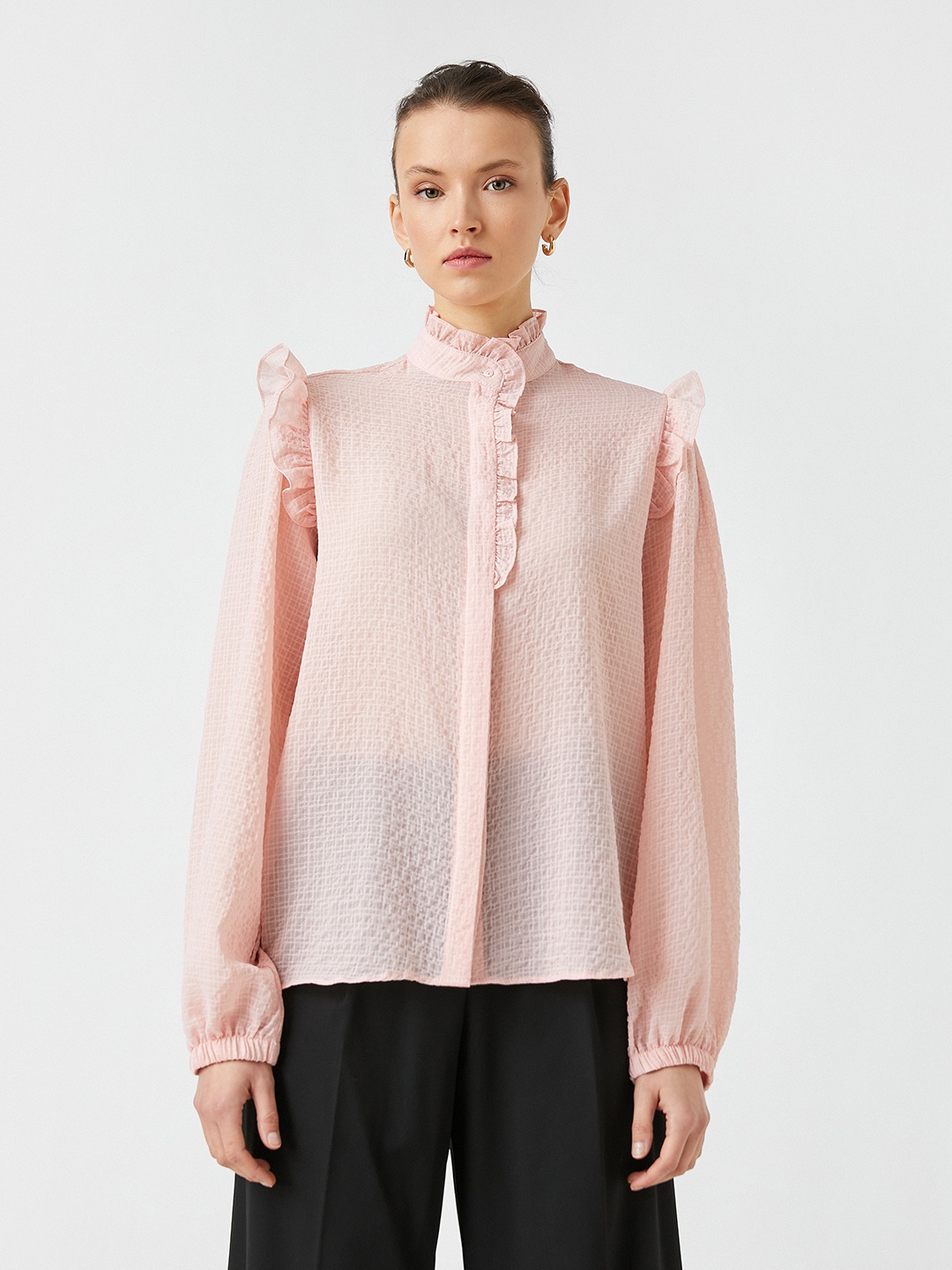 

Koton Women Pink Ruffle Detail Casual Shirt