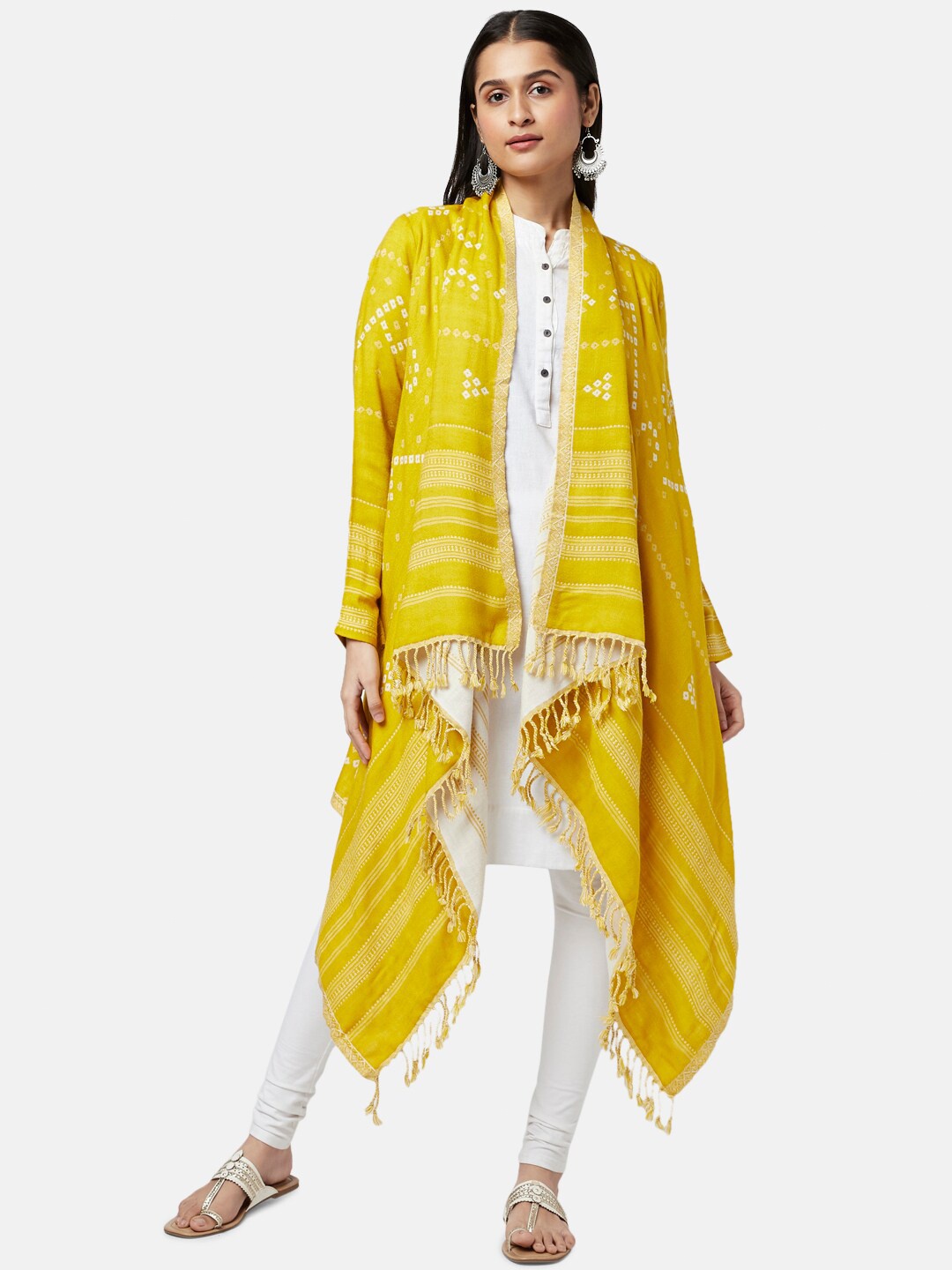 

RANGMANCH BY PANTALOONS Women Mustard & White Printed Acrylic Longline Shrug