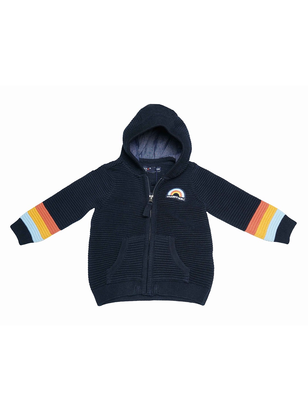 

LASNAK Girls Navy Blue & Orange Striped Hooded Cotton Sweater