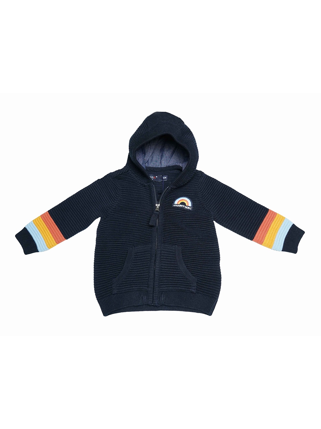 

LASNAK Girls Navy Blue & Yellow Striped Hooded Sweater