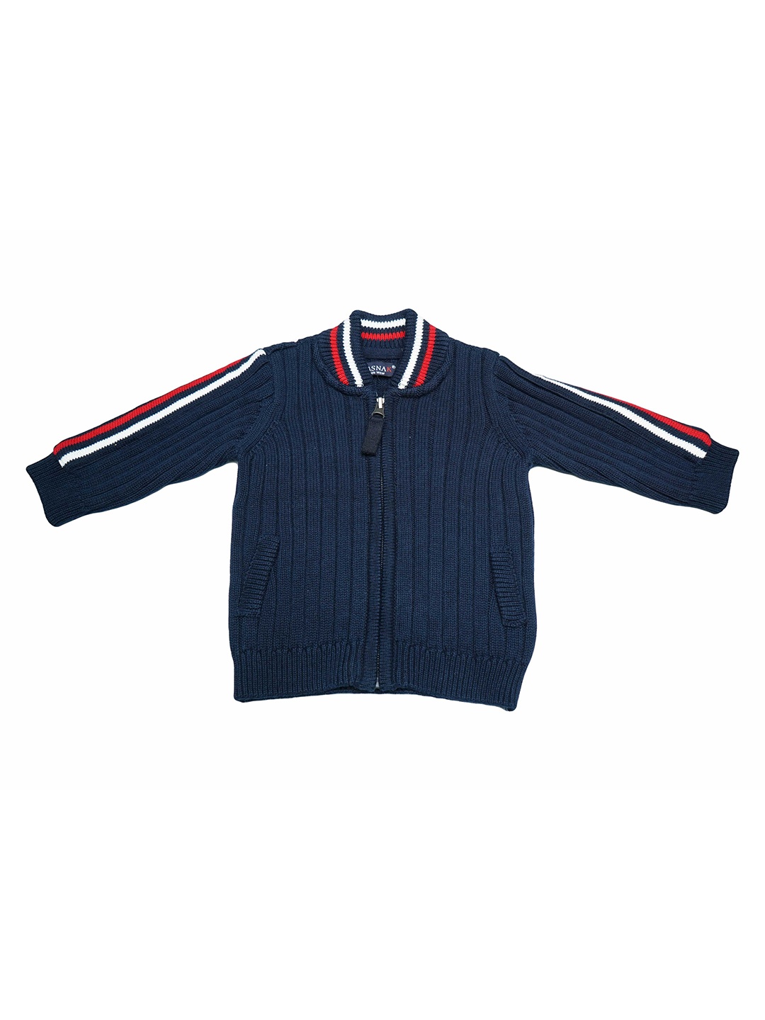 

LASNAK Girls Navy Blue & Red Striped V-Neck Sweater
