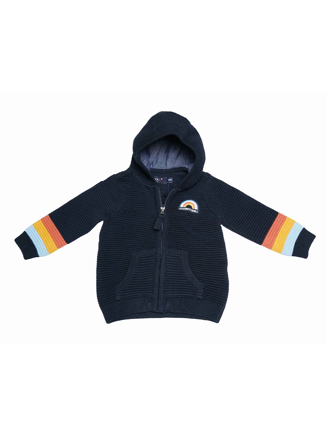 

LASNAK Girls Navy Blue & Red Striped Hooded Sweater
