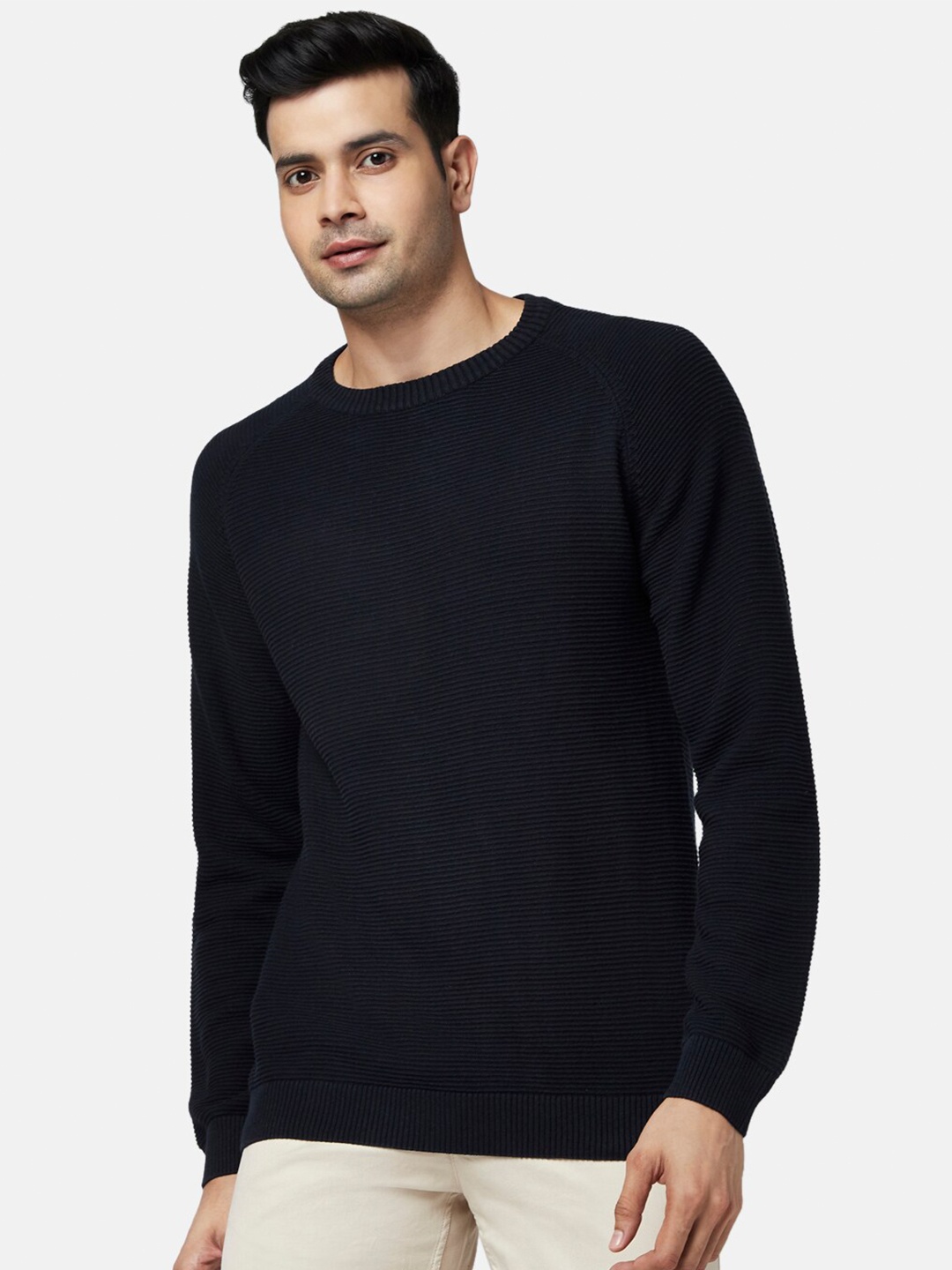 

BYFORD by Pantaloons Men Navy Blue Striped Pullover