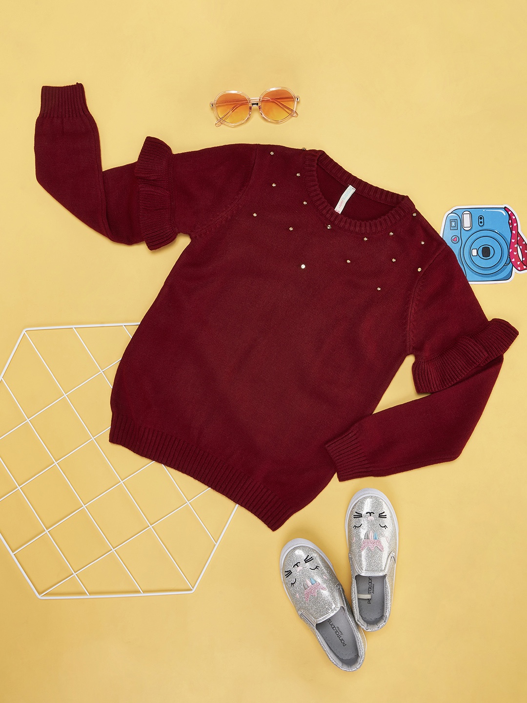 

Pantaloons Junior Girls Red Cotton Pullover with Embellished Detail