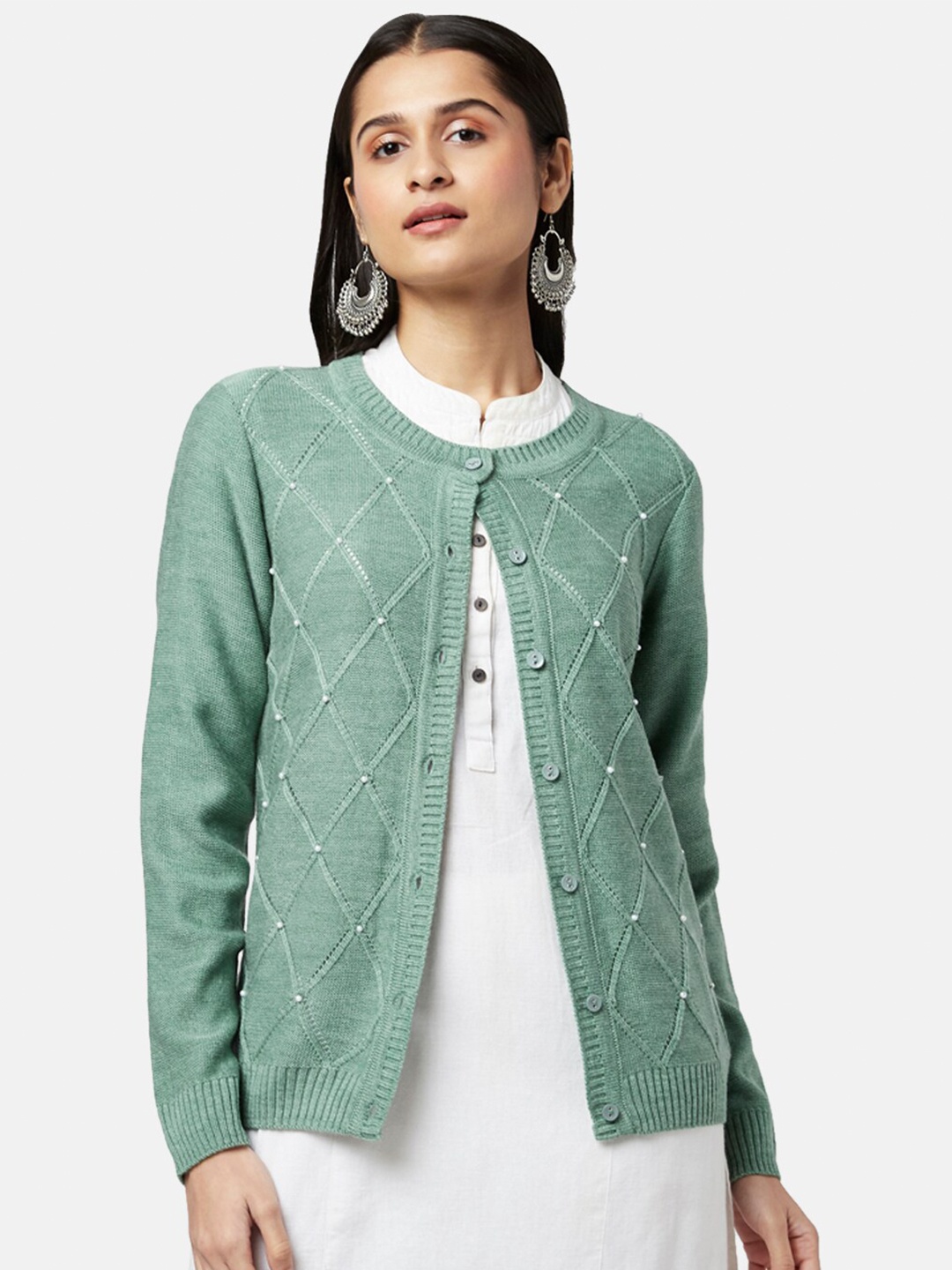 

RANGMANCH BY PANTALOONS Women Green Cable Knit Cardigan with Embellished Detail