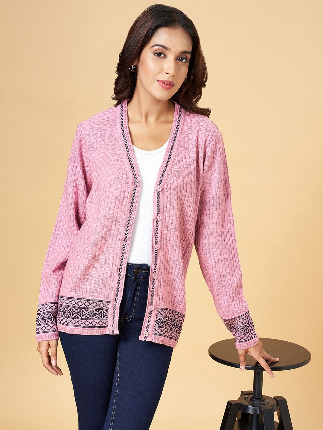 

RANGMANCH BY PANTALOONS Women Pink & Black Cardigan