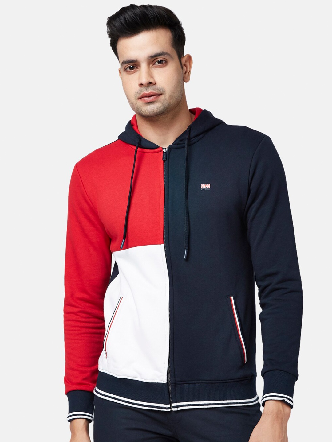 

BYFORD by Pantaloons Men Navy Blue Colourblocked Front Open Hooded Sweatshirt