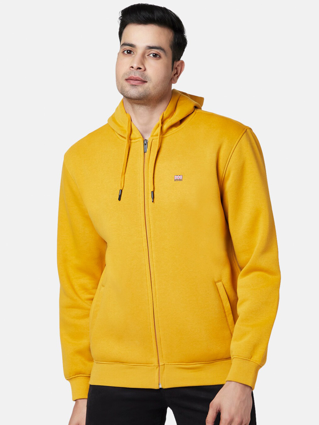 

BYFORD by Pantaloons Men Yellow Solid Front Open Hooded Sweatshirt