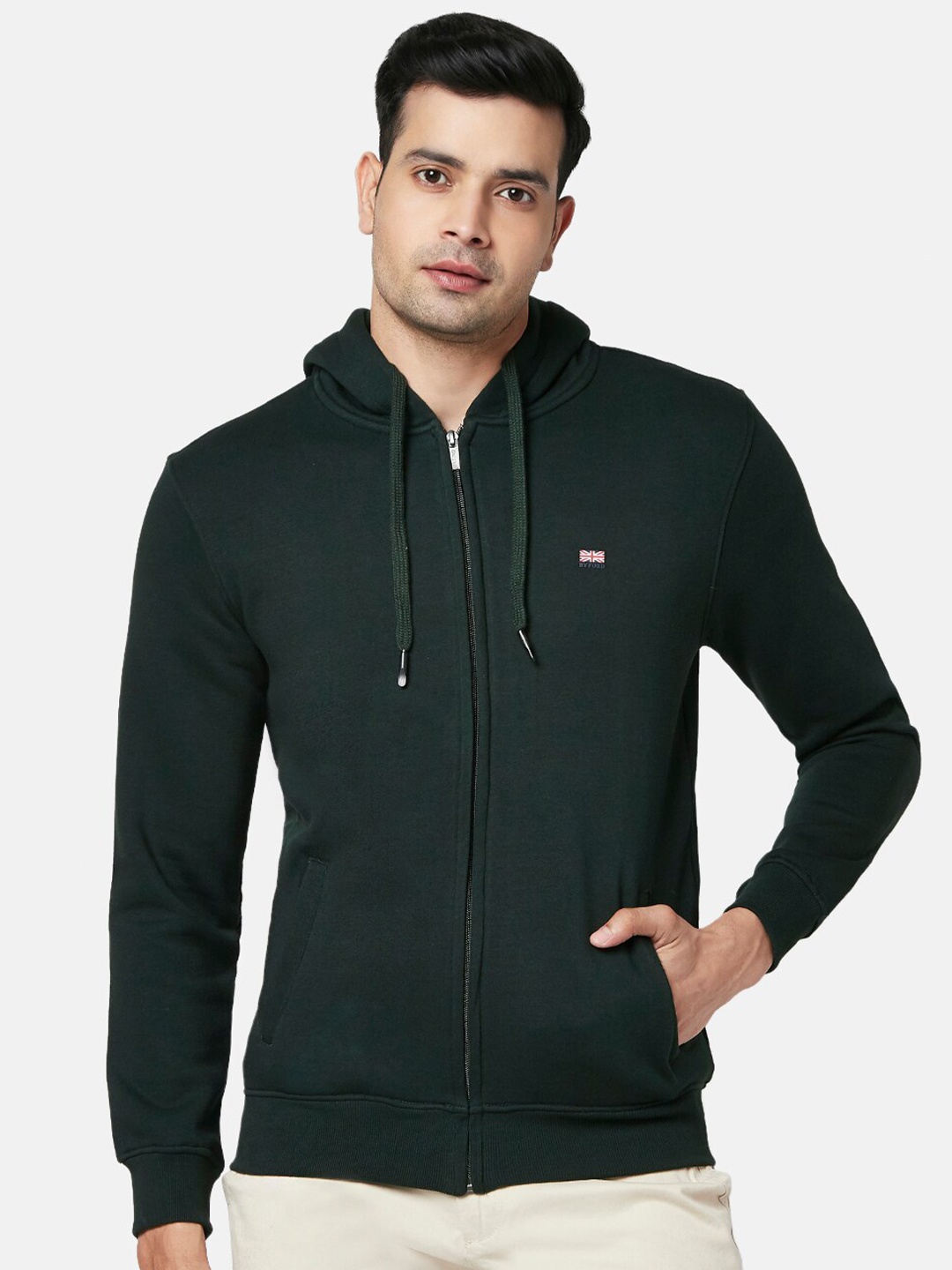

BYFORD by Pantaloons Men Green Solid Front Open Hooded Sweatshirt