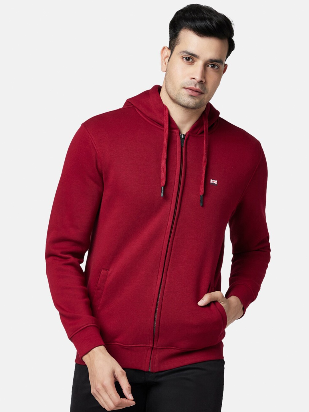 

BYFORD by Pantaloons Men Maroon Solid Front Open Hooded Sweatshirt