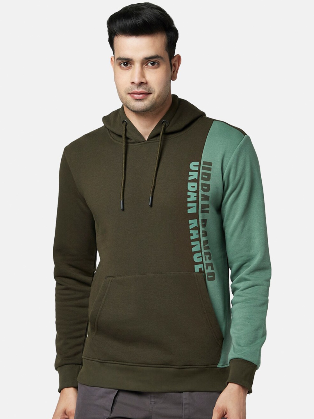 

Urban Ranger by pantaloons Men Olive Green Colourblocked Hooded Sweatshirt