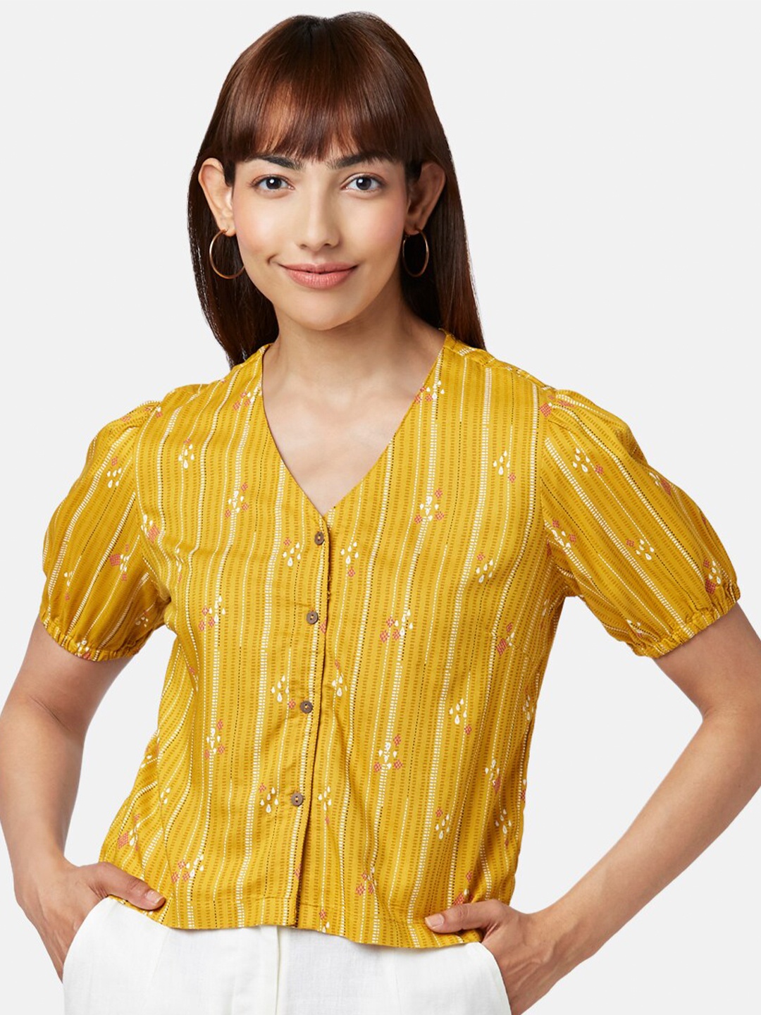 

AKKRITI BY PANTALOONS Mustard Yellow Striped Shirt Style Crop Top