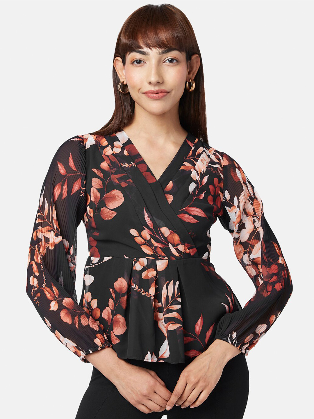 

Annabelle by Pantaloons Black & Brown Floral Print Wrap Top