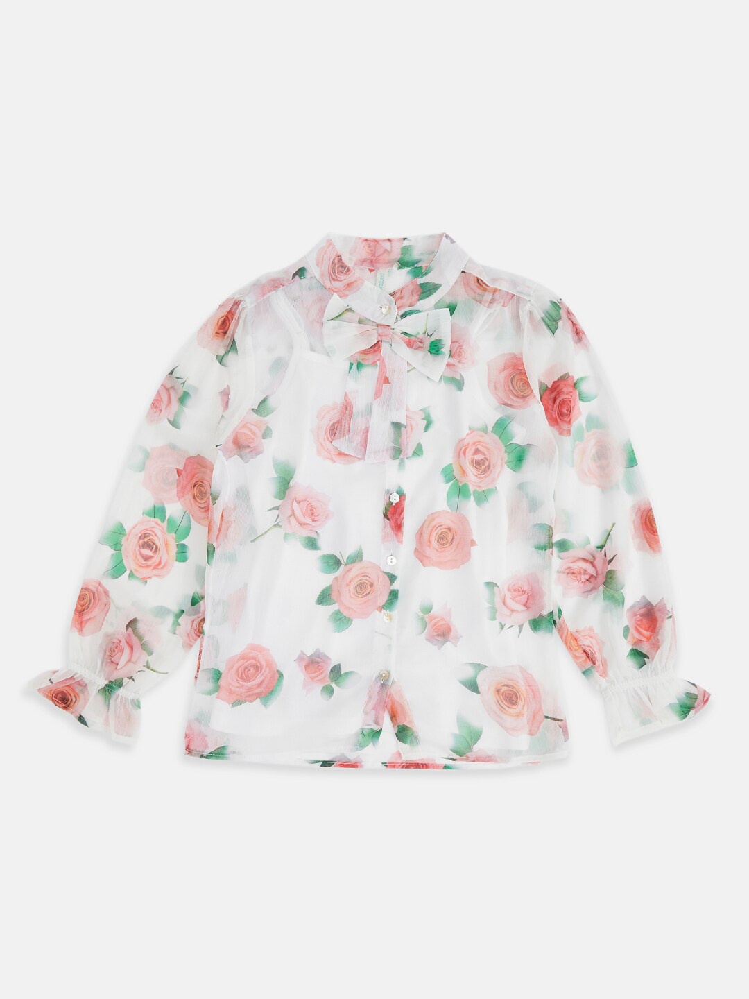 

Pantaloons Junior White & Peach Floral Print Mandarin Collar Cotton Shirt Style Top