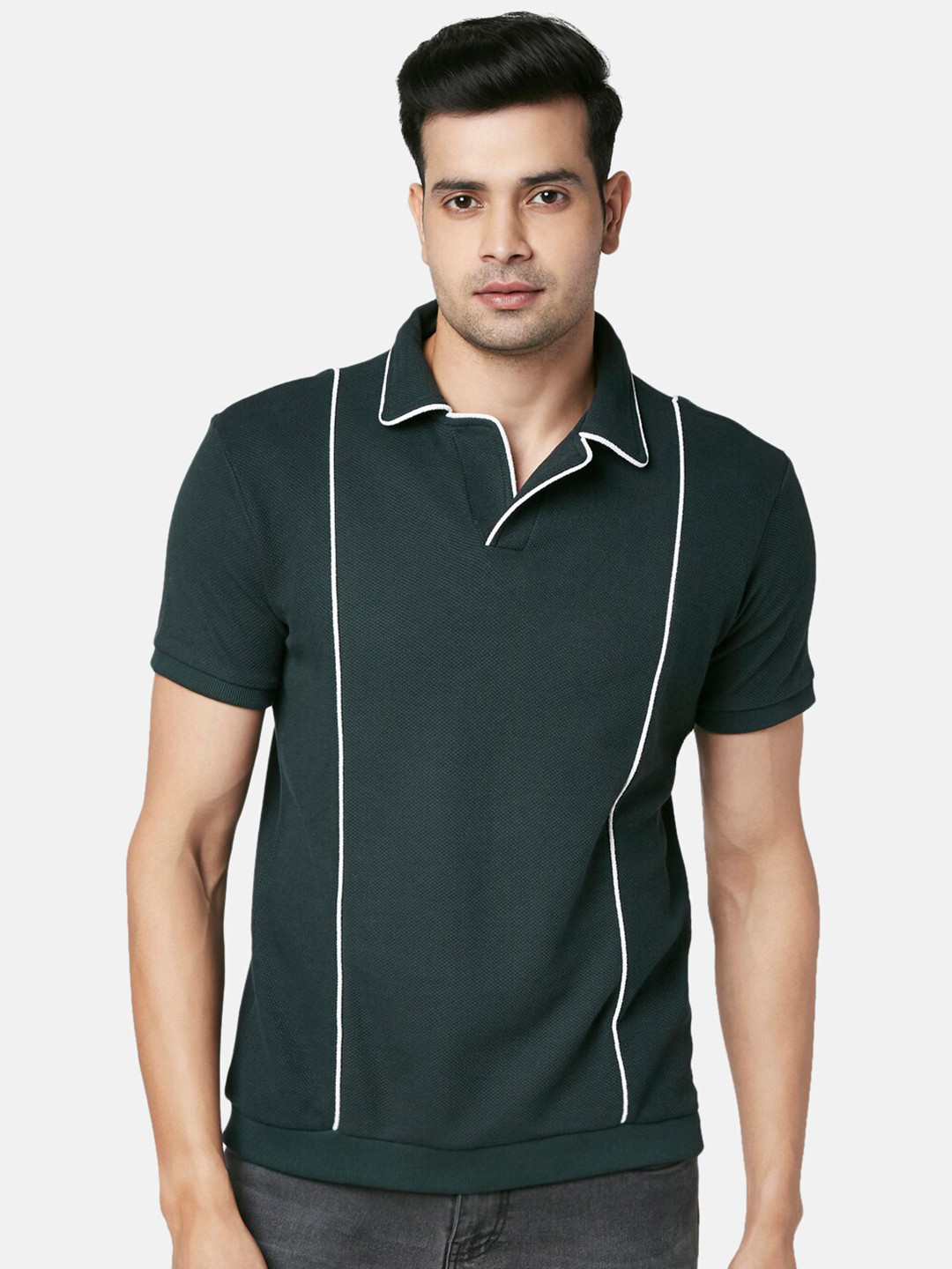 

People Men Olive Green Polo Collar Slim Fit T-shirt