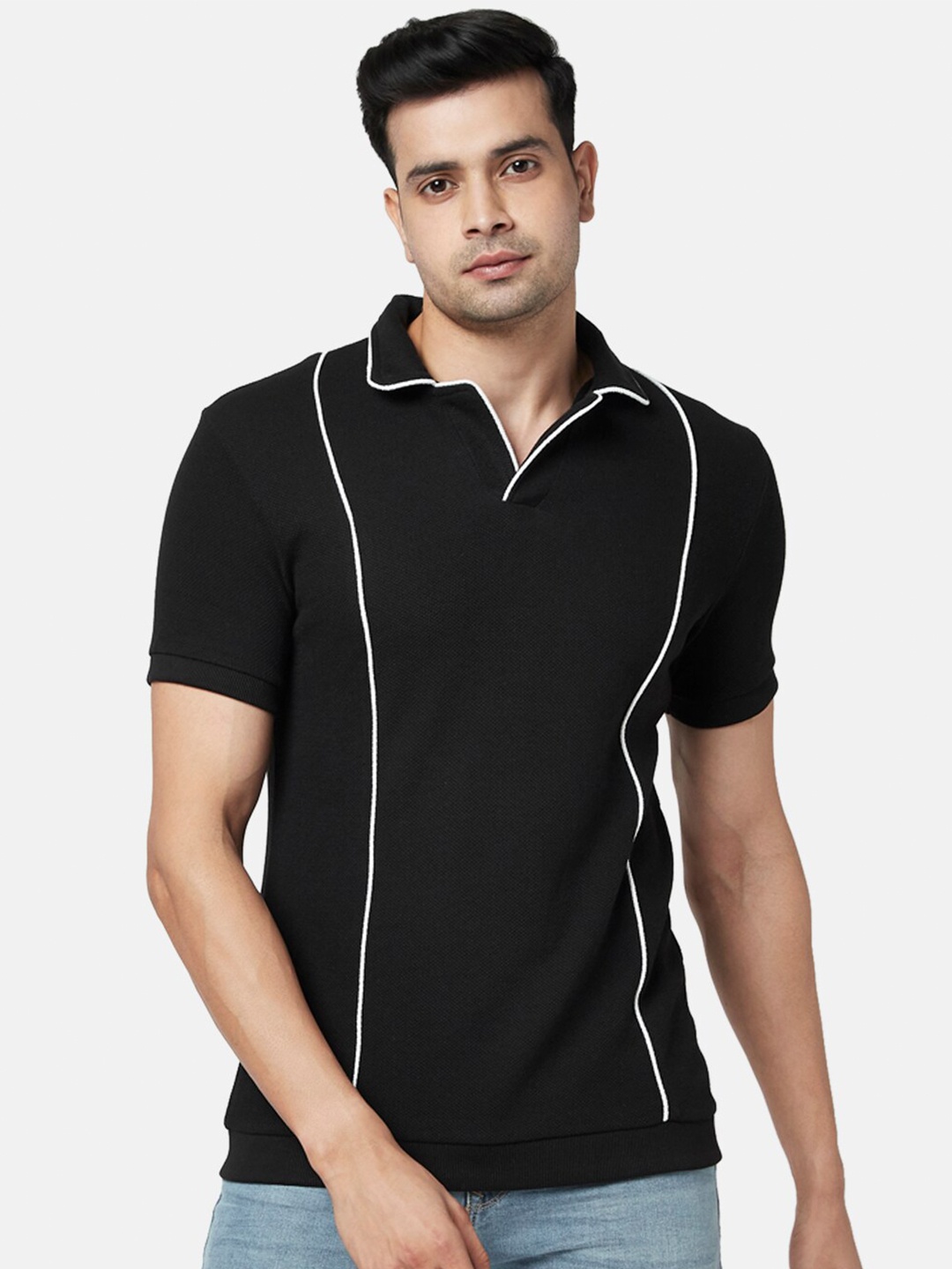 

People Men Black Polo Collar Slim Fit T-shirt