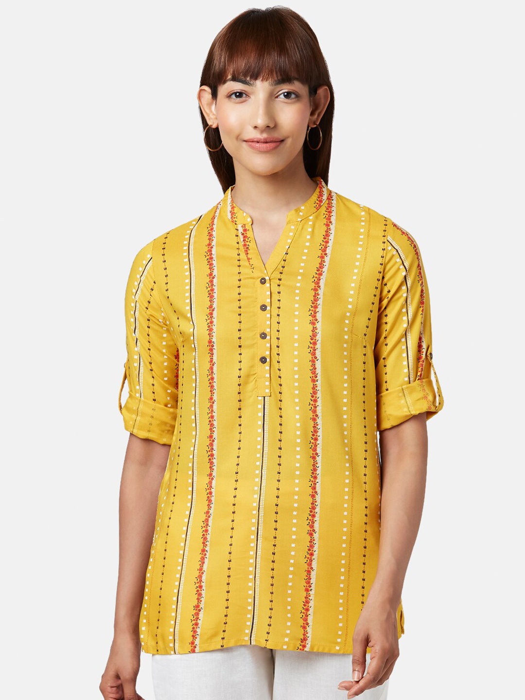 

AKKRITI BY PANTALOONS Women Mustard & Red Mandarin Collar Geometric Printed Tunic